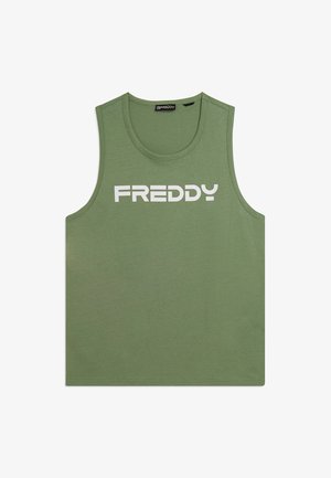 Camiseta sin mangas verde con el logo "FREDDY" en blanco impreso en el pecho, cuello redondo y textura de tela suave.