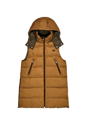 Chaleco acolchado sin mangas de color marrón con capucha, cremallera frontal, dos bolsillos con cremallera y detalles de botones a presión en el forro de la capucha.