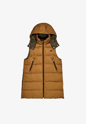 Brūna bezsleeve fērmokleita ar kapuci, priekšējais rāvējslēdzis, divas ar rāvējslēdzēju aizveramas kabatas un pogu detaļas uz kapuces oderes.