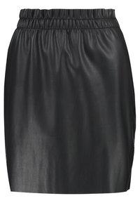 Musta nahkahame, jossa on joustava vyötärönauha, sileä pinta ja suora leikkaus. Ei näkyviä kuvioita tai koristeosia.