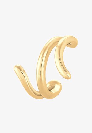 Naušnice u obliku dvostruke heliksa zlatne boje s glatkim, zaobljenim oblinama i uglačanom površinom, naglašavajući fluidan dizajn i vibrantne boje.