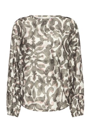 Garā piedurkņu blūze ar elastīgām aprocēm, ar abstraktu pelēku un gaiši rozā ziedu rakstu uz balta fona.