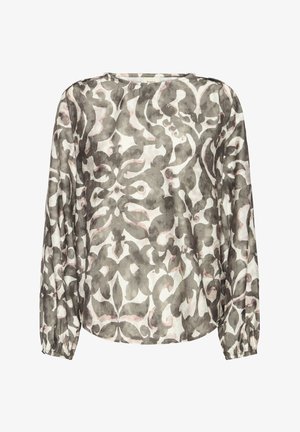 Pikad varrukad ja elastsete mansettidega pluus, millel on abstraktne halli ja helesinise lillemuster valgel taustal.