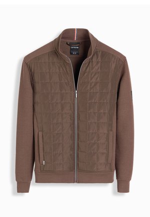 Braune Zip-Jacke mit gestepptem Frontdesign, geripptem Kragen und strukturierten Ärmeln. Verfügt über seitliche Taschen und dezente Markenlogo-Details.