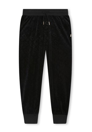 Sorte velour løbebukser med snøre i taljen og ribbet kant, med et subtilt præg mønster.