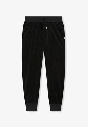 Sorte velour løbebukser med snøre i taljen og ribbet kant, med et subtilt præg mønster.