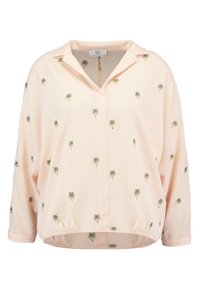 Jasnoróżowa bluzka z długim rękawem, z małą haftowaną zieloną palmą rozsianą po całej powierzchni, z kołnierzykiem i zapięciem na guziki z przodu.