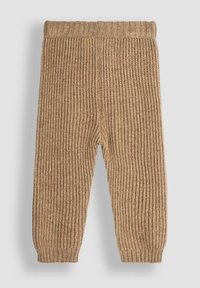 Braune, gestrickte Leggings mit geripptem Muster, ausgestattet mit einem dehnbaren Bund und schmal zulaufenden Knöchelabschlüssen. Einfaches, funktionales Design.