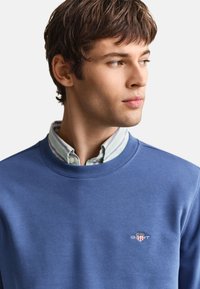 Young man with short brown hair wearing a blue sweatshirt over a striped collared shirt, looking to his right against a plain background.