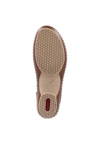 Semelle de chaussure en caoutchouc beige avec une texture en hexagones, une section centrale lisse et un logo rouge. Taille indiquée comme 38.