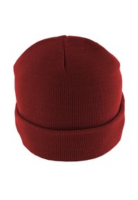 Bonnet en tricot rouge avec une texture côtelée, présente un revers roulé et un dessus sans couture. Conçu pour la chaleur et le confort.