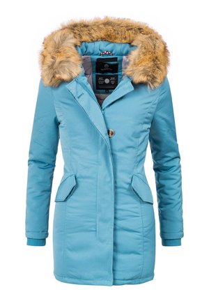 Turquoise winterjas met nepbontaccent, ritssluiting en knoopsluiting, twee voorzakken en geribde manchetten. Glad materiaal met gevoerde isolatie.