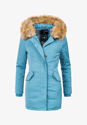 Giacca invernale turchese con bordi in pelliccia sintetica, chiusura con zip e bottoni, due tasche frontali e polsini a coste. Tessuto liscio con imbottitura.