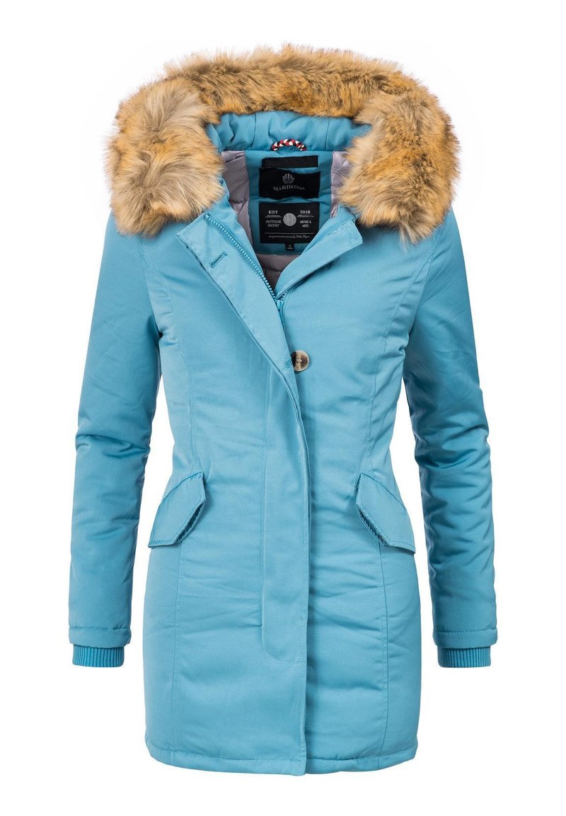 Turkusowa kurtka zimowa z sztucznym futrem, zamek i zapięcie na guziki, dwie przednie kieszenie oraz ściągacze na mankietach. Gładki materiał z wyściółką izolacyjną.