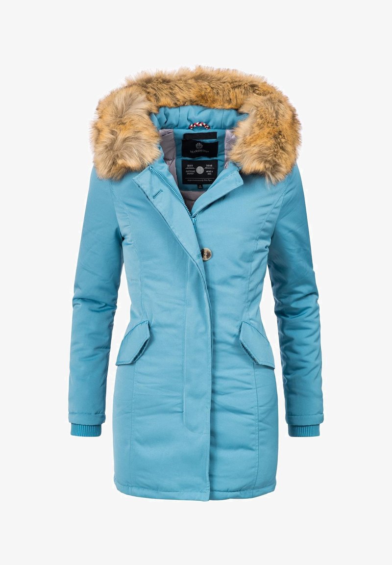 Turkusowa kurtka zimowa z sztucznym futrem, zamek i zapięcie na guziki, dwie przednie kieszenie oraz ściągacze na mankietach. Gładki materiał z wyściółką izolacyjną.
