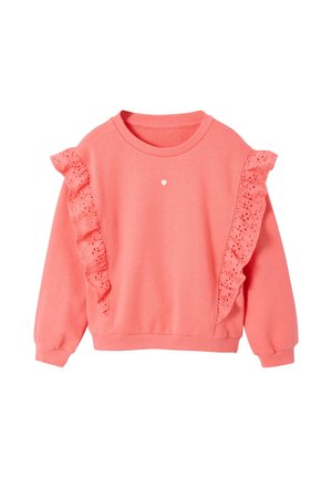 Coral pink long-sleeve sweatshirt with eyelet lace ruffles on front sides and a small white heart centered below the neckline.