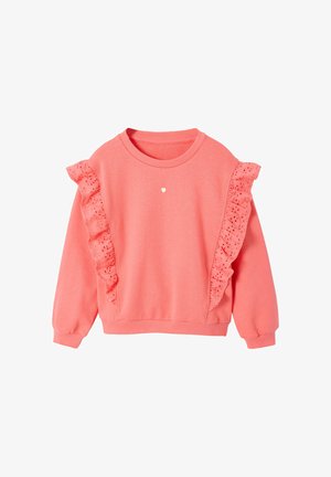 Korallenrotes Langarm-Sweatshirt mit Lochspitzvolants an den vorderen Seiten und einem kleinen weißen Herzen unterhalb des Halsausschnitts in der Mitte.