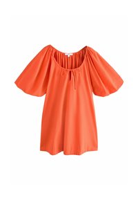 Felroze blouse met een brede halslijn, gerimpelde korte mouwen en een strikdetail aan de voorkant. Gemaakt van lichte stof.