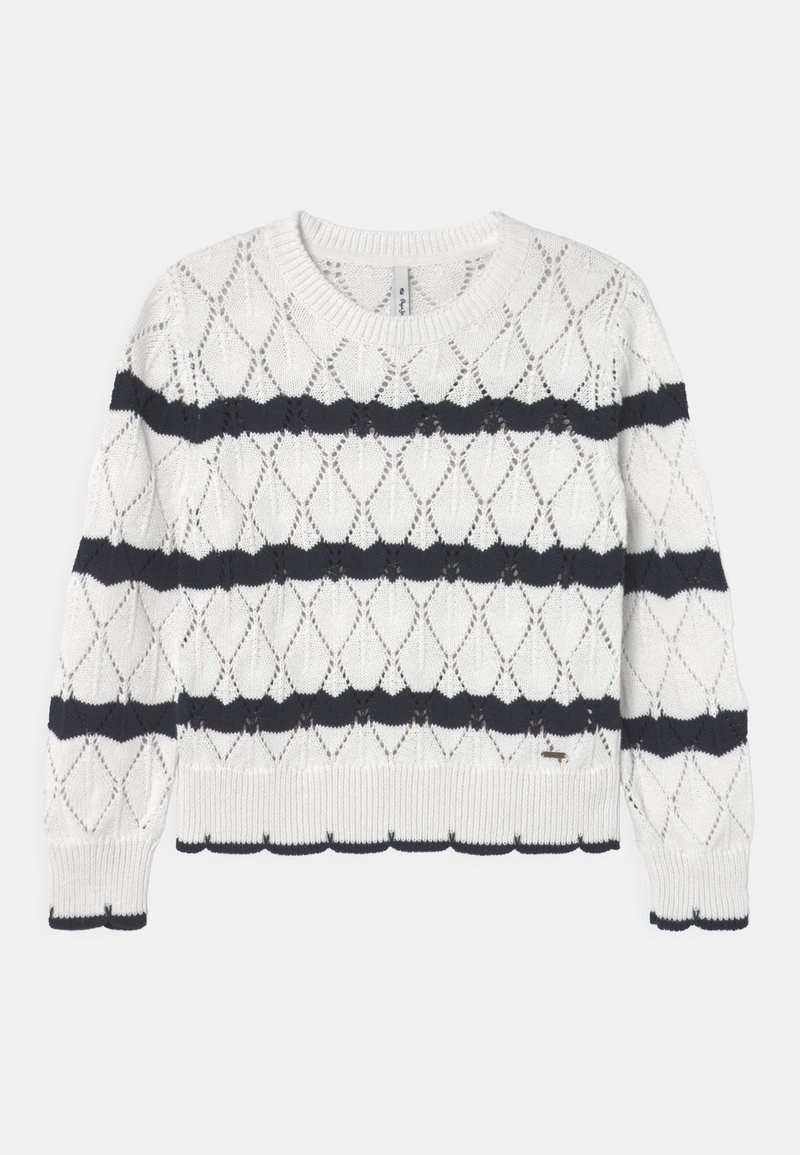 Pull en tricot blanc avec des rayures horizontales noires et un motif ajouré en forme de losange, avec col rond côtelé, poignets et ourlet.