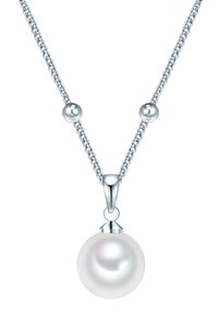 Zilveren ketting met een ronde parelhanger. De ketting bestaat uit afwisselend gladde kralen en een gepolijste parel met een glanzende afwerking.