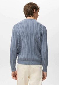 Mężczyzna zwrócony tyłem, ubrany w jasnoniebieski prążkowany sweter i kremowe spodnie na jednolitym białym tle.