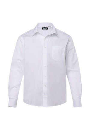 Weißes Langarmhemd mit Button-down-Kragen, einer einzelnen Brusttasche und geradem Saum. Aus glattem, leichtem Stoff gefertigt.