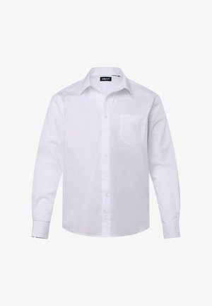 Chemise blanche à manches longues avec un col boutonné, une poche poitrine unique et un ourlet droit. Fabriquée en tissu lisse et léger.