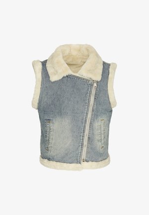 Ärmellose blaue Denimweste mit cremefarbenem Kunstpelzfutter und Kragen, mit einem schrägen Frontreißverschluss und zwei Seitentaschen.