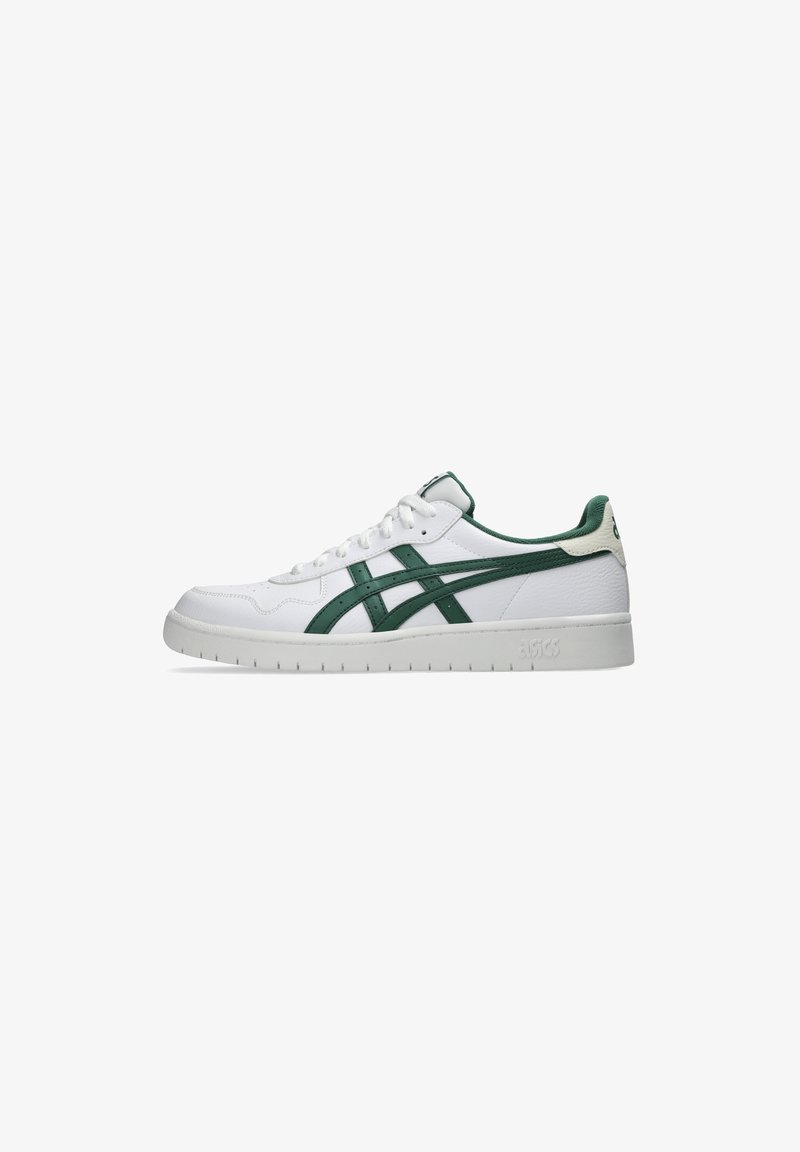 Weiße Ledersneaker mit grünen Akzenten, ausgestattet mit einer glatten Textur, Schnürdesign und Logo an der Ferse. Gummisohle mit Profilmuster.
