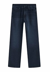 Jeans in denim blu scuro con design a gamba dritta, cinque tasche e chiusura con bottone. Texture liscia con un leggero sbiadimento sul davanti.