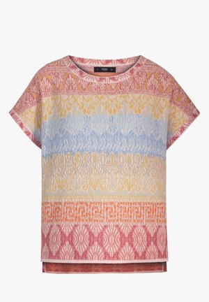 Pletený krátky rukáv, ktorý má horizontálne viacfarebné pruhy v ružovej, žltej, modrej, oranžovej a vzorované geometrické motívy, okrúhly výstrih, veľkosť 36.