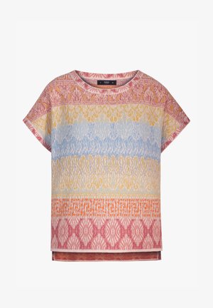 Īsā piedurkņu džempera tops ar horizontālām daudzkrāsainām svītrām rozā, dzeltenā, zilā, oranžā krāsā un rakstainiem ģeometriskiem motīviem, apaļa kakla izgriezuma, izmērs 36.