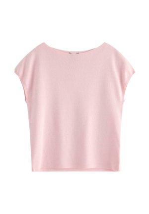 T-shirt en tricot rose à manches courtes avec un large décolleté bateau. Texture lisse et coupe ample avec des coutures minimales et sans logos ni motifs visibles.