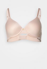 Beige polstret bh med glatte kopper, justerbare stropper, blonder detaljer og en krok-lukking bak. Dekorativ detalj i gullhardware i midten.