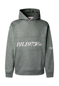 Felpa grigia con una grande stampa bianca "PJL1973Club", tasca a marsupio e polsini a coste. Presenta un cappuccio regolabile con cordino e una consistenza morbida.
