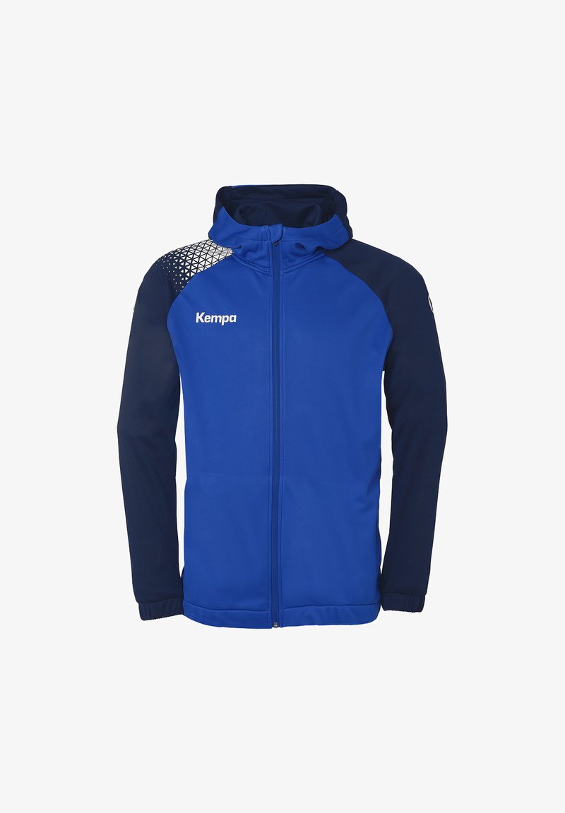 Blaue Zip-Up-Jacke mit marineblauen Ärmeln und Kapuze, die ein geometrisches Muster auf der linken Schulter und das Kempa-Logo auf der Brust aufweist.