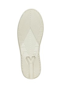 Semelle de chaussure en caoutchouc de couleur blanc cassé, présentant un motif de grip texturé avec des formes en zigzag et en diamant, comprenant un détail de logo "V" bien en vue.