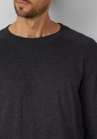 Dunkelgrauer Rundhalsausschnitt-Pullover mit einer weichen Textur, ausgestattet mit Raglanärmeln und einer figurschmeichelnden Passform, die eine schlichte und klassische Silhouette betont.