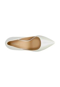 Escarpin en cuir blanc avec un bout pointu et des côtés dégagés. Présente une texture lisse et une semelle intérieure beige avec le logo "wojas" en relief.