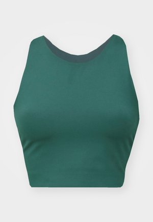 Zielony sportowy top w formie kroju sportowego, wykonany z gładkiego, elastycznego materiału, z wysokim dekoltem i bez rękawów. Bezszwowa konstrukcja podnosi komfort noszenia.