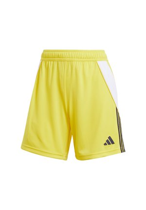 Shorts de sport jaunes avec un taille élastique, un panneau blanc sur le côté et trois bandes verticales noires sur le côté gauche. Logo Adidas sur l'ourlet.