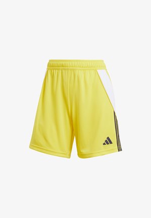Shorts de sport jaunes avec un taille élastique, un panneau blanc sur le côté et trois bandes verticales noires sur le côté gauche. Logo Adidas sur l'ourlet.