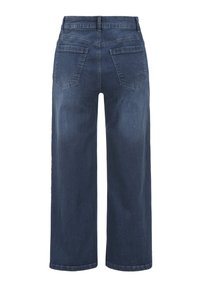 Levypuntarit tummansinisessä denimmateriaalissa, joissa on korkea vyötärö, kaksi takataskua ja ommeltu yksityiskohta saumoissa.