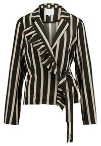 Veste portefeuille rayée vert et beige avec détails à volants sur le devant, manches longues, et ceinture à nouer à la taille. Tissu léger.