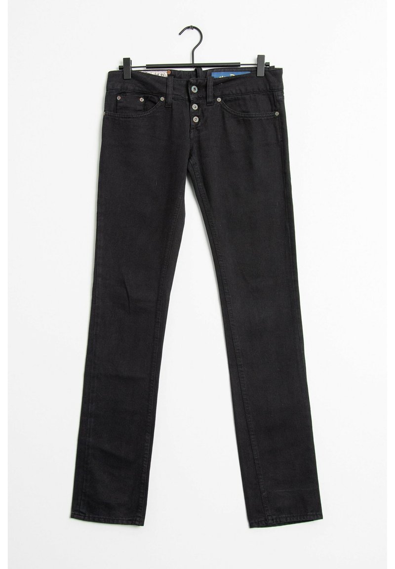 Jeans de mezclilla negra con un diseño de pierna recta. Presentan cinco bolsillos, un cierre de botón y acentos sutilmente cosidos a lo largo de los bolsillos.