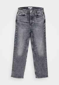 Jeans de mezclilla gris con corte recto, con áreas desgastadas, costuras naranjas y diseño tradicional de cinco bolsillos.