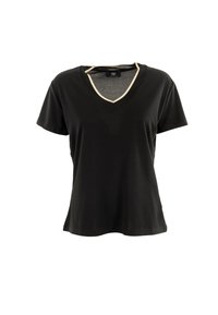 Maglietta nera a maniche corte con scollo a V, con un bordo bianco a contrasto lungo il collo. Realizzata in tessuto morbido e liscio.