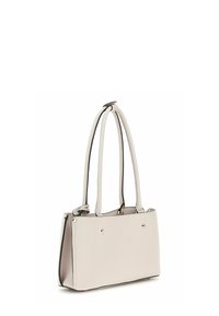 Sac à main synthétique gris clair avec des poignées supérieures doubles, de forme rectangulaire, au design minimaliste et avec des accents dorés à l'avant.