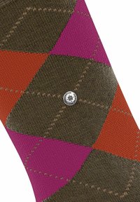 Kolorowa skarpetka z geometrycznym wzorem w różowe, pomarańczowe i ciemnozielone diamenty. Małe okrągłe logo jest widoczne przy górze.