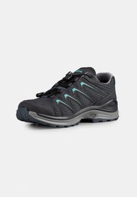 Black hiking shoe with mesh upper, turquoise accents, and rubber sole featuring a textured pattern. Quick-lace closure design.